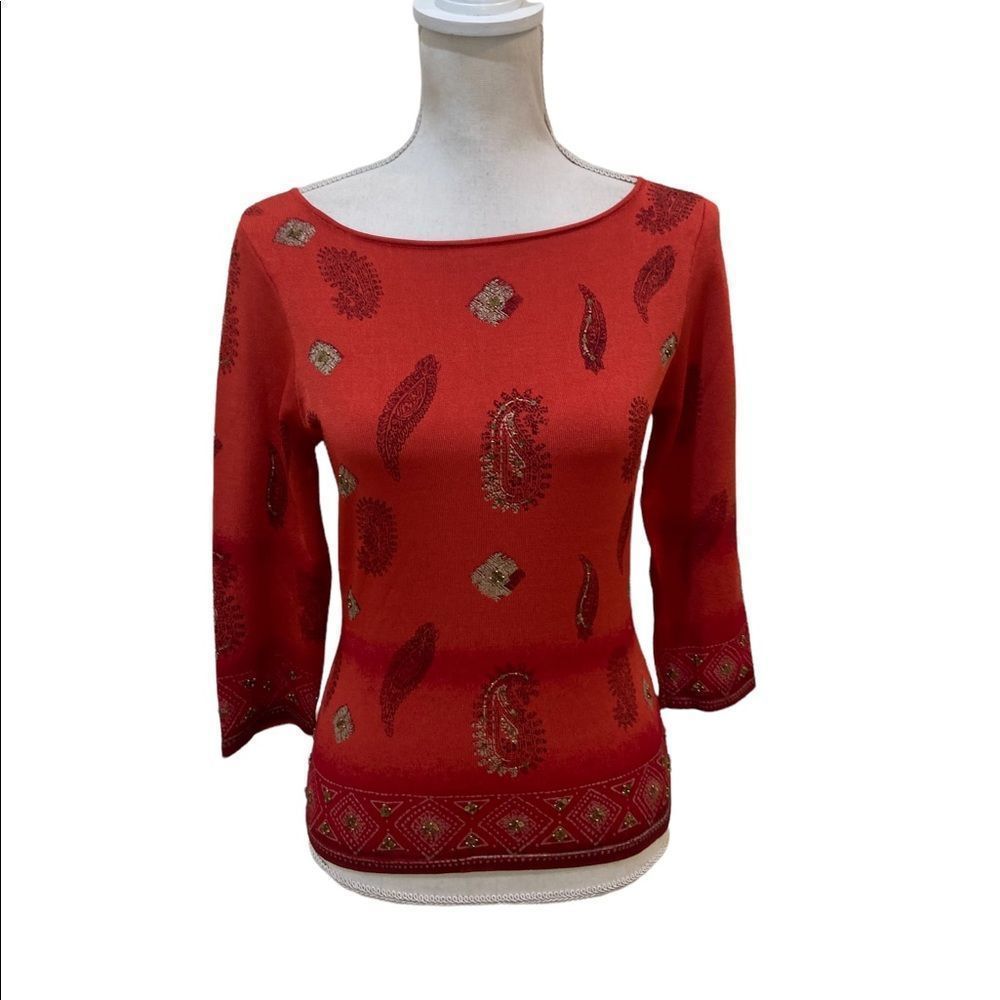 Oscar de la renta 3/4 sleeve sequin/bead embellished paisley knit top small